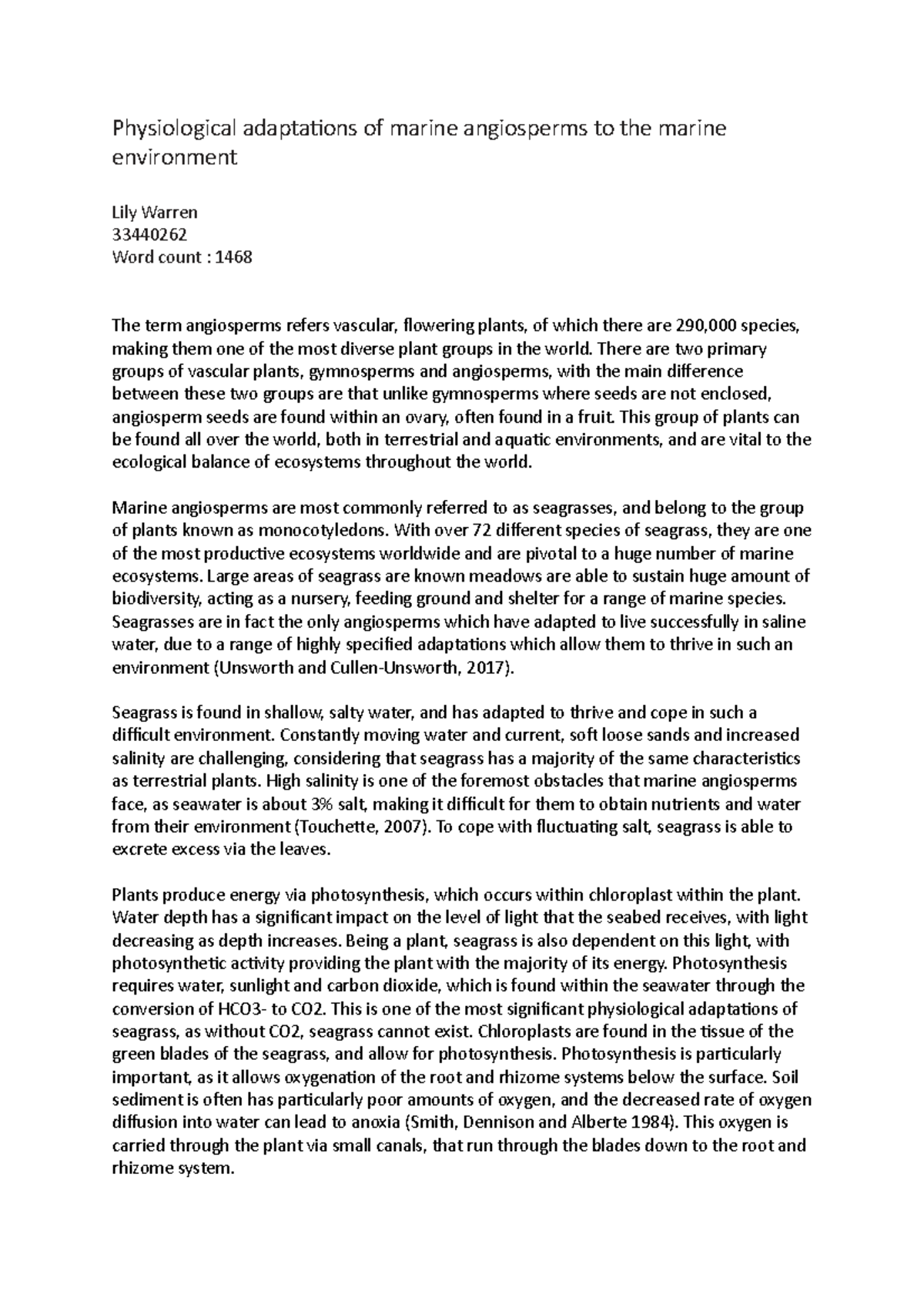 Physiological adaptations of marine angiosperms to the marine ...