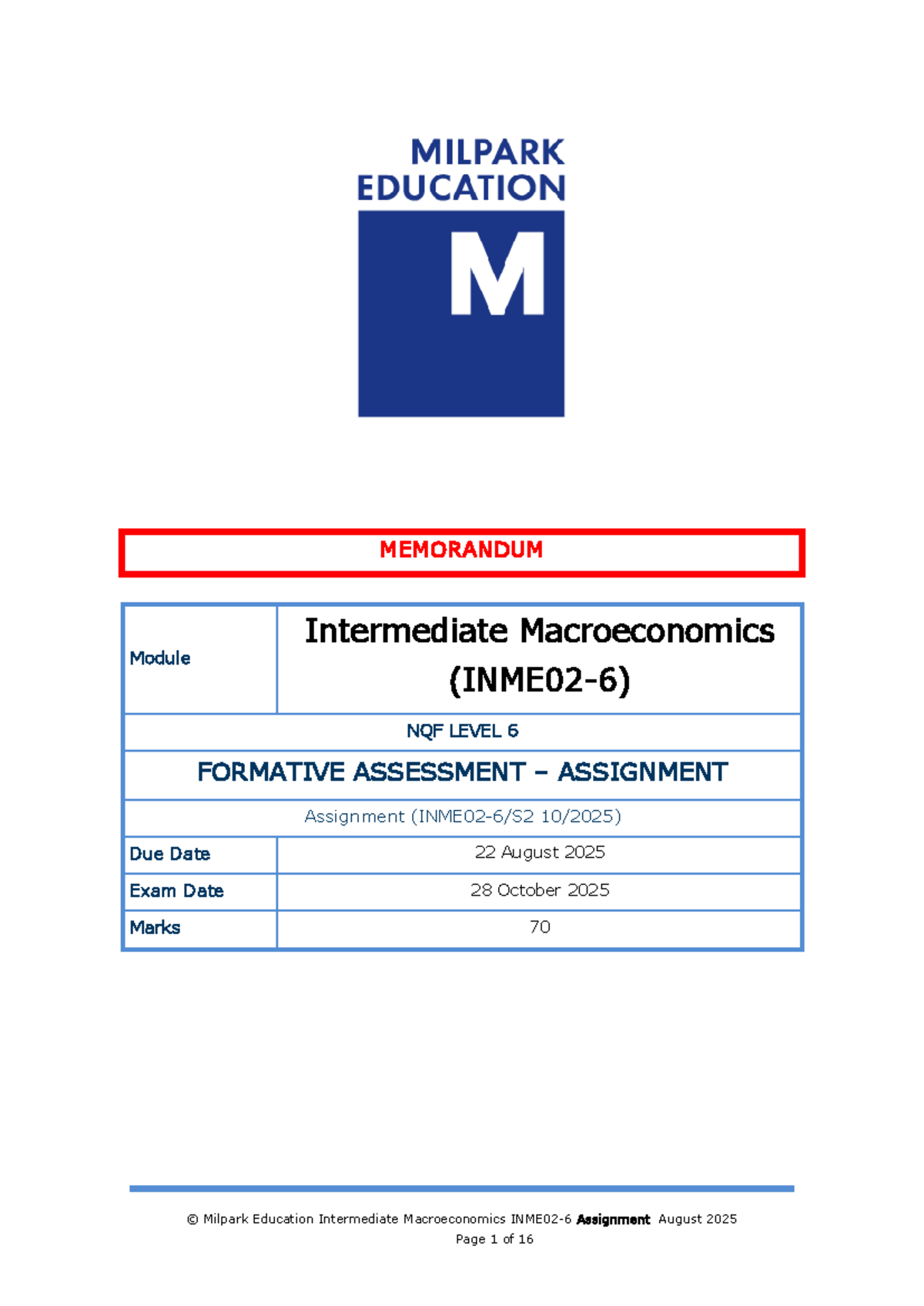 Intermediate Macroeconomics NQF Level 6 Formative Assessment Memo - Aug ...