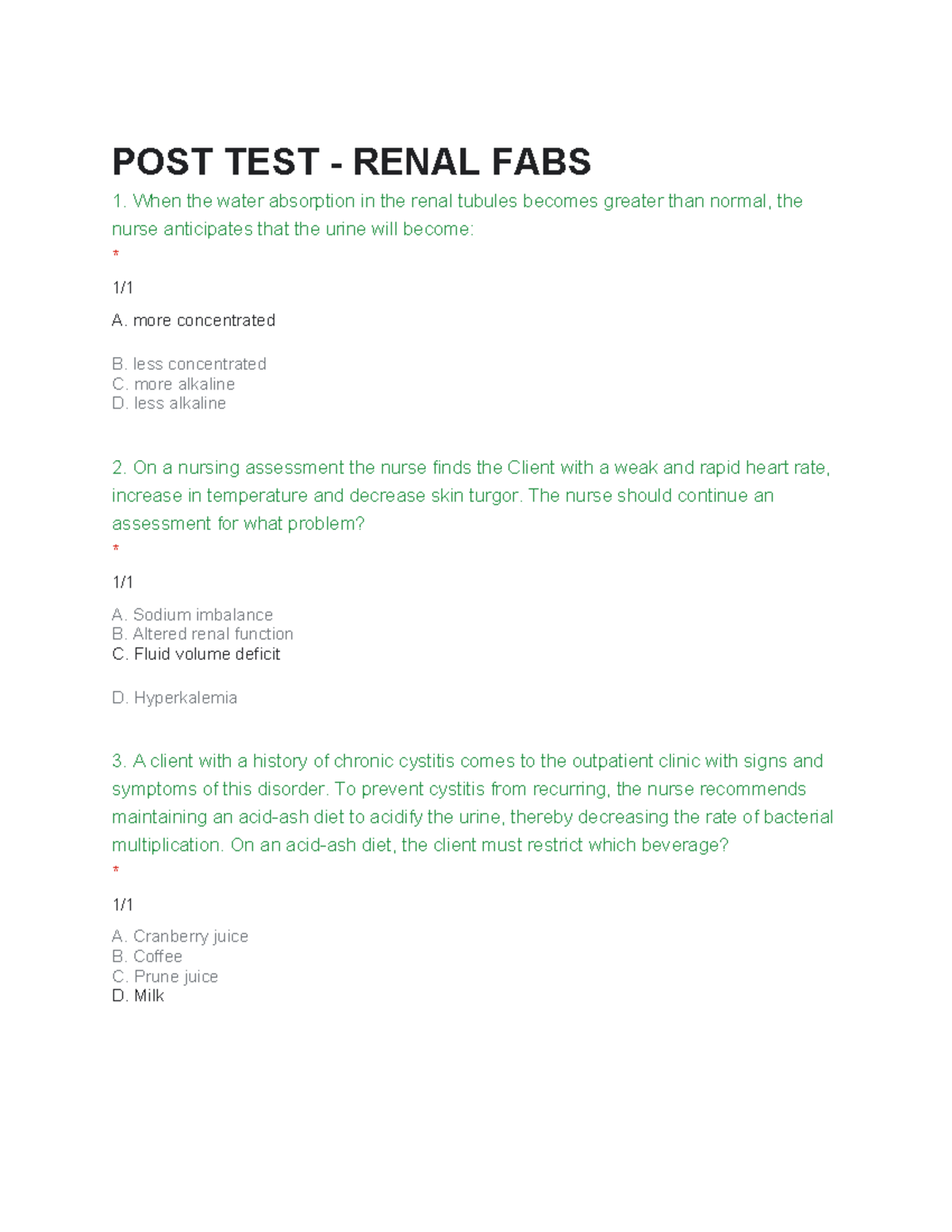 POST TEST: Renal FABS Assessment Questions and Answers - Studocu