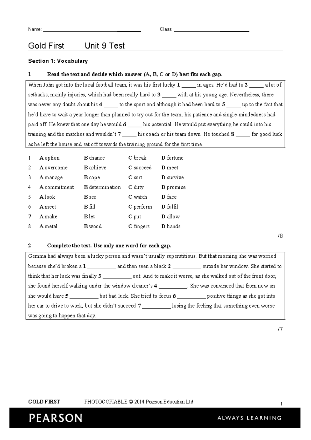 Gold First Class: Unit 9 Test - Vocabulary & Gap Fill Exercise - Studocu