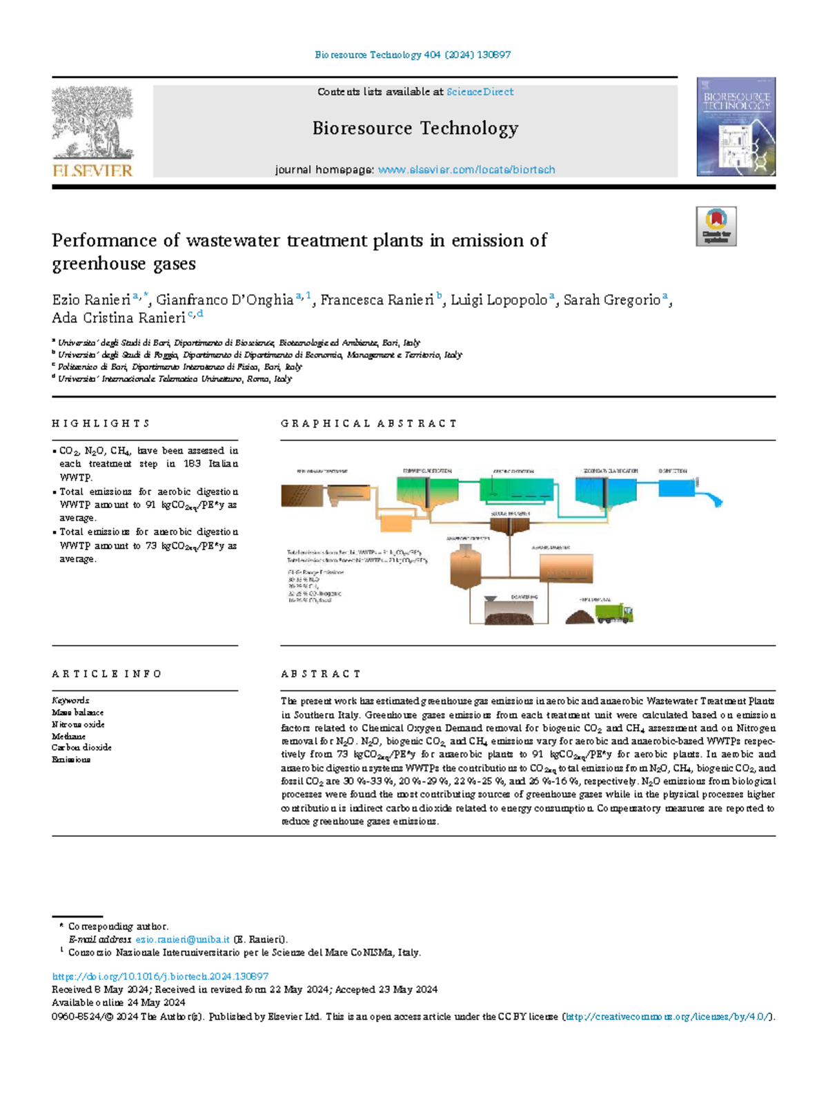Performance Analysis of GHG Emissions in WWTPs (Bioresource Tech 404 ...