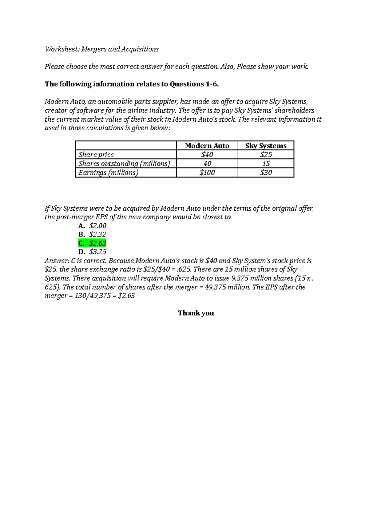 Solution Class assignment Mergers Acquisitions Solution Q2 - Worksheet ...