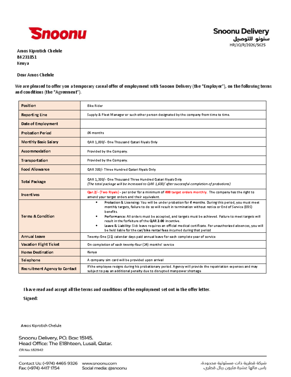 BK231851 Employment Offer Letter for Bike Rider at Snoonu Delivery ...