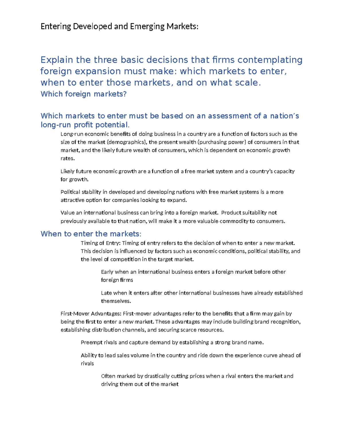 Entering Developed and Emerging Markets: Key Decisions for Firms - Studocu