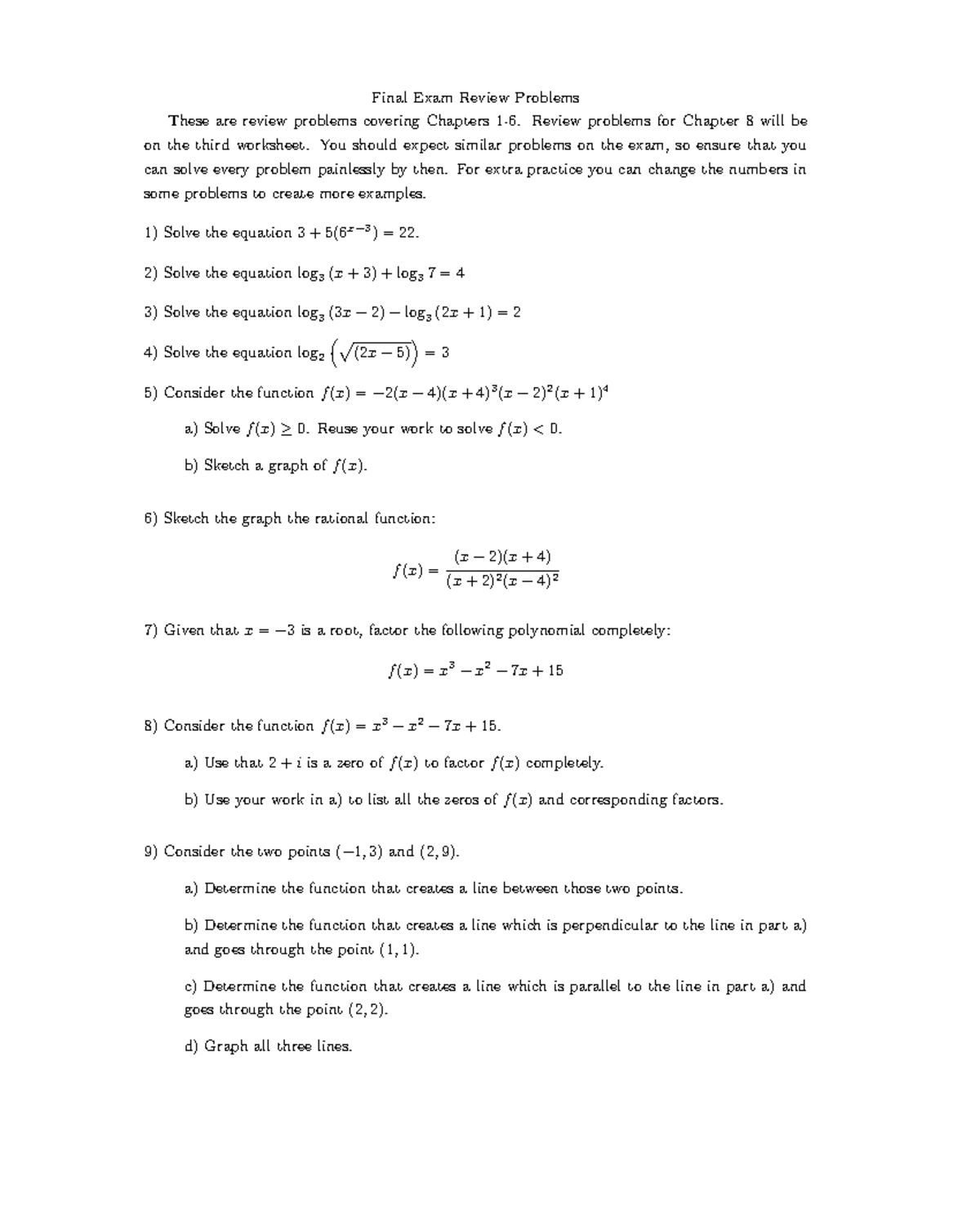 Final Exam Review Problems for Math 101: Chapters 1-8 - Studocu
