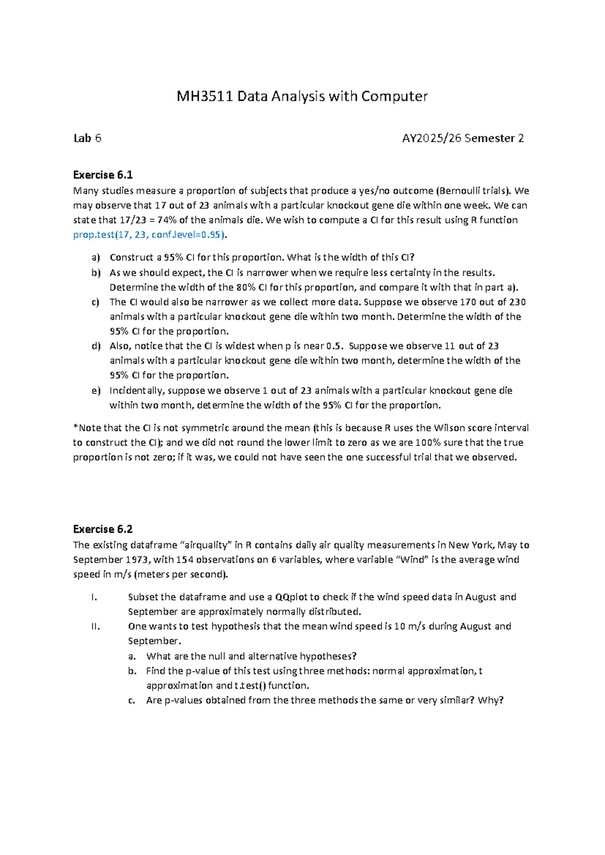MH3511 Data Analysis Lab 6: CI Calculations & Wind Speed Analysis - Studocu