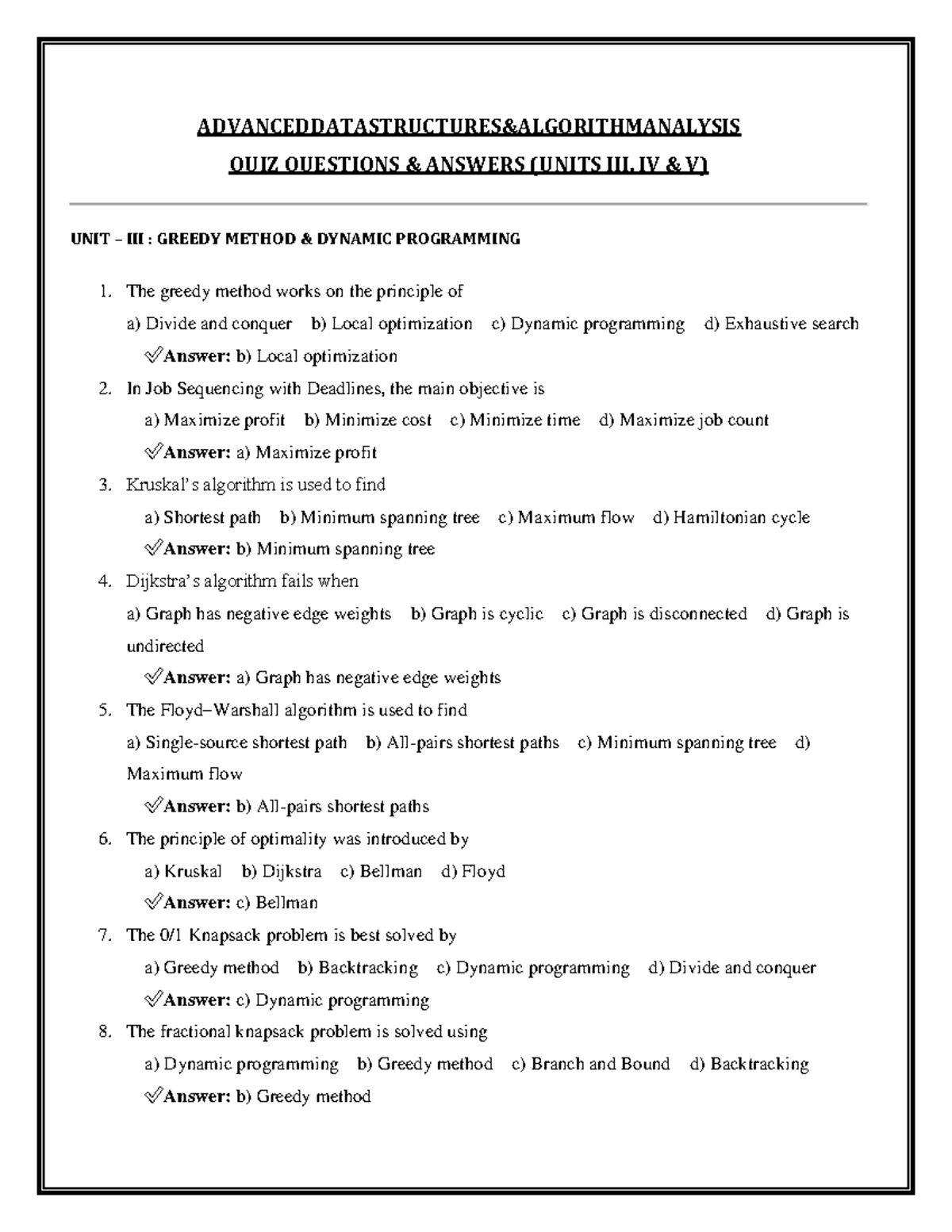ADS&AA QUIZ-2: Greedy Method & Dynamic Programming Questions - Studocu