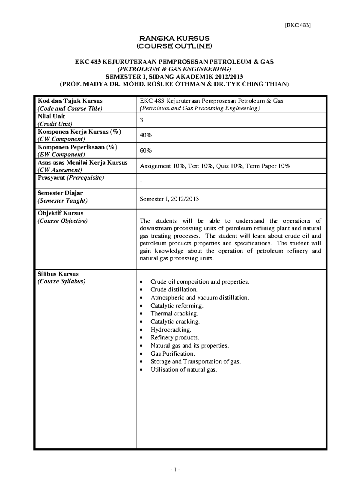 EKC 483 Course Outline: Petroleum & Gas Processing Engineering - Studocu