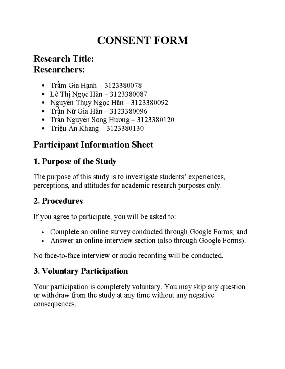 Consent Form for Research Study - Tiếng Anh - Studocu