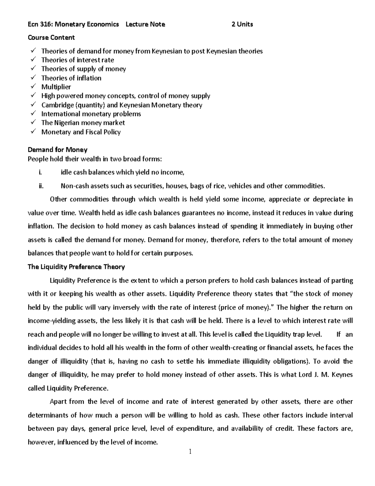 Monetary Economics - EC542 Lecture Notes on Money Demand and Supply ...