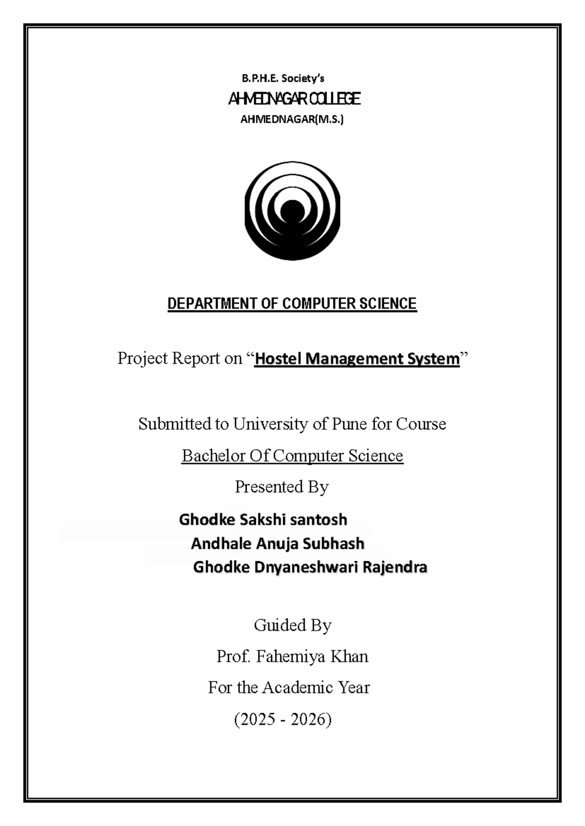 B.P.H.E. BCS Project Report: Hostel Management System Overview - Studocu