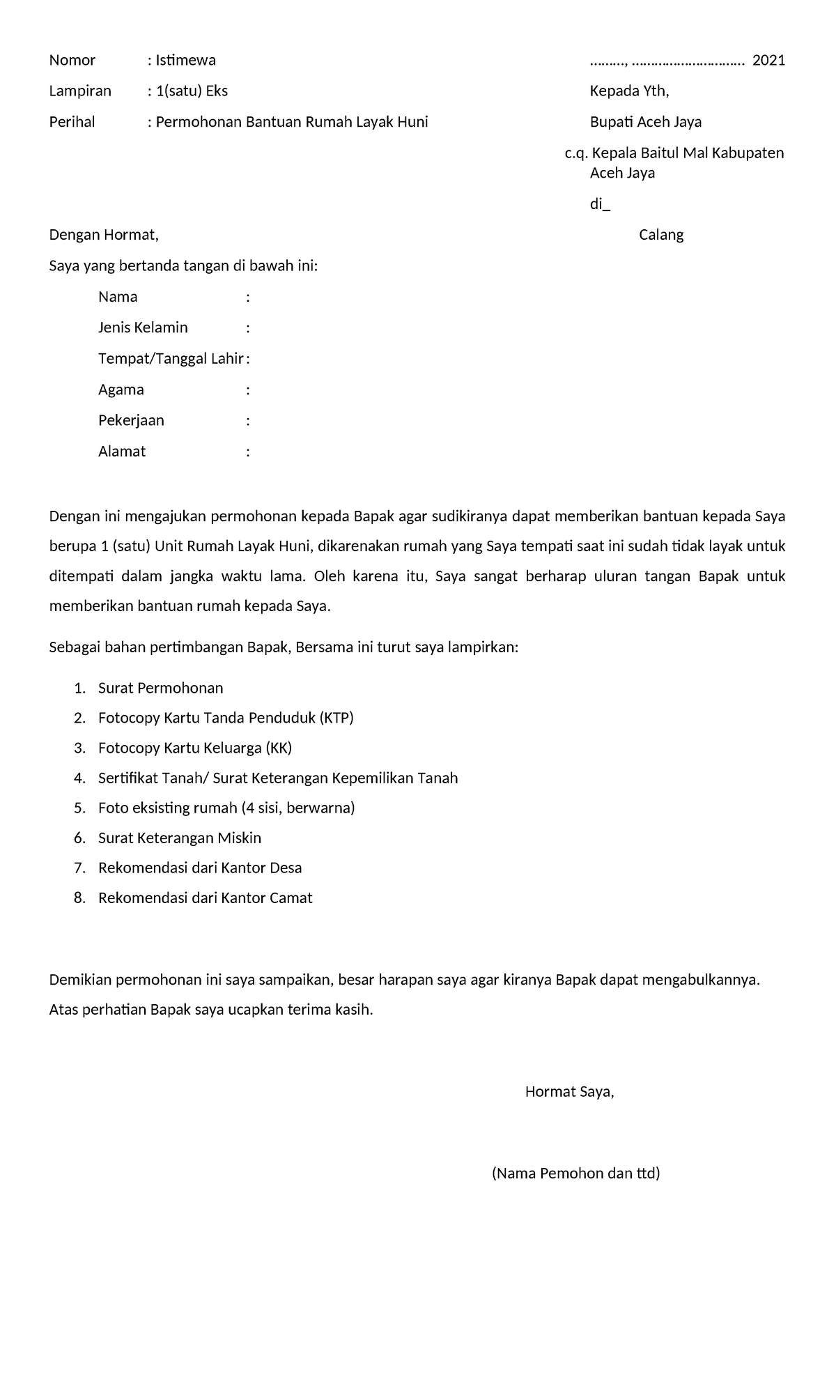 Format Surat Permohonan Bantuan RTLH (Bangun Baru) - Studocu