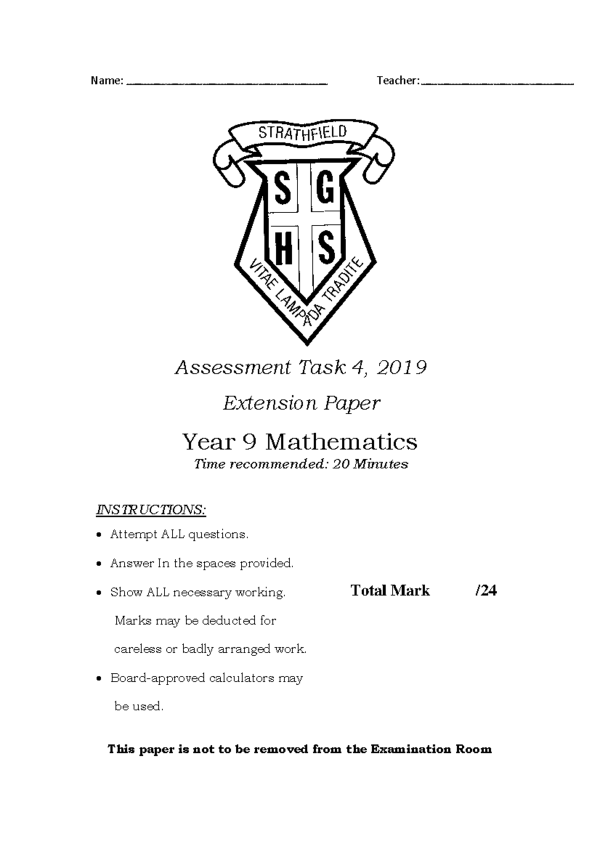 2019 Year 9 Mathematics Assessment Task 4 Extension Paper - Studocu
