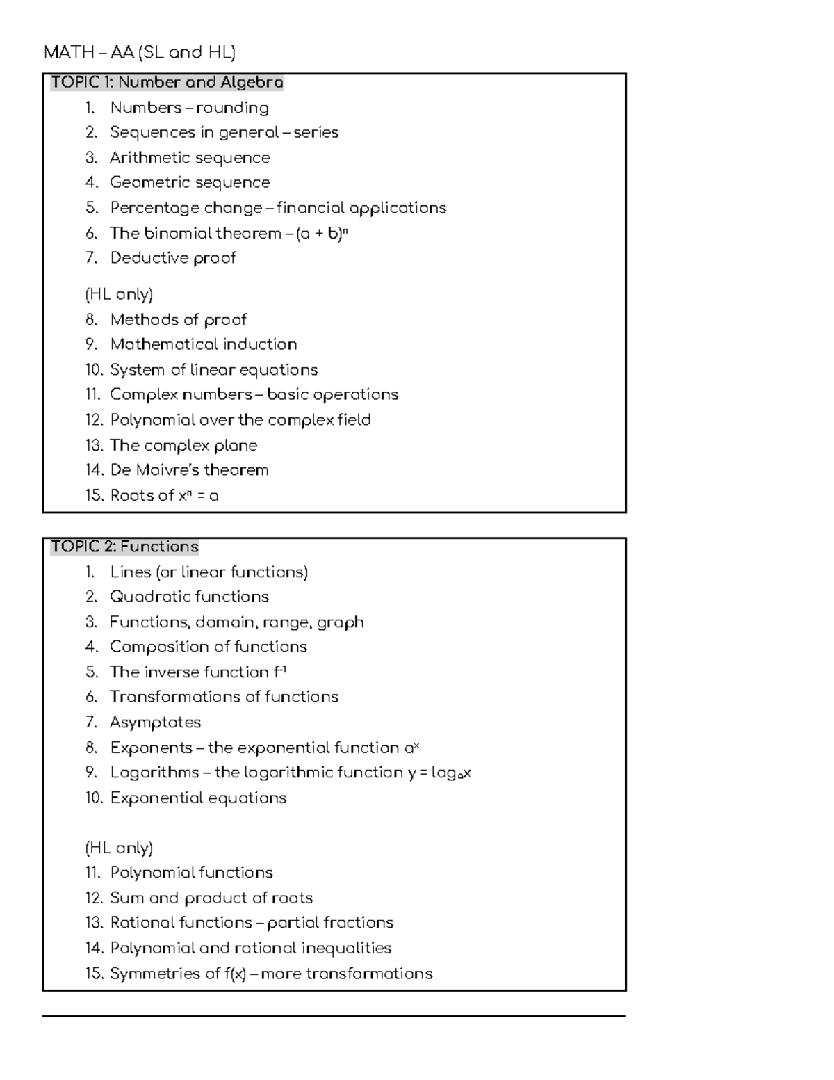 MATH AA (SL & HL) - Comprehensive Review Notes on Key Topics - Studocu