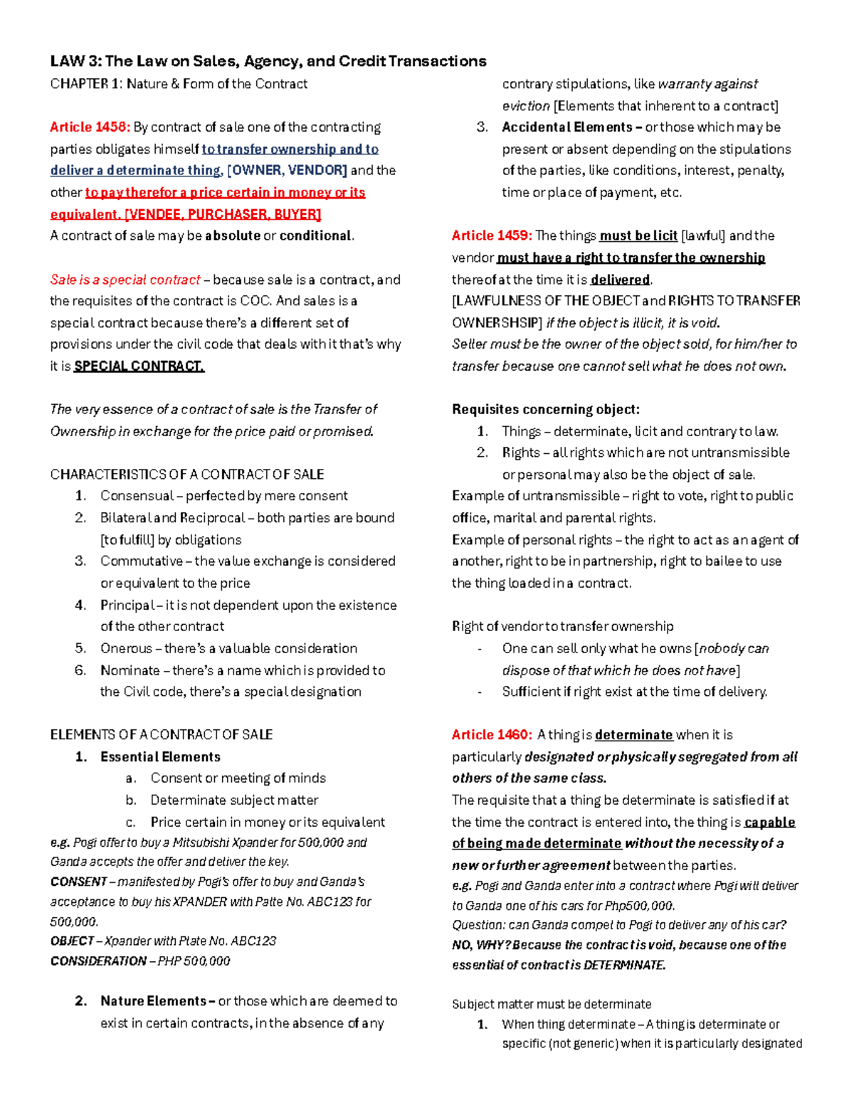 LAW 3: Chapter 1 - Nature and Form of Sales Contracts Review - Studocu
