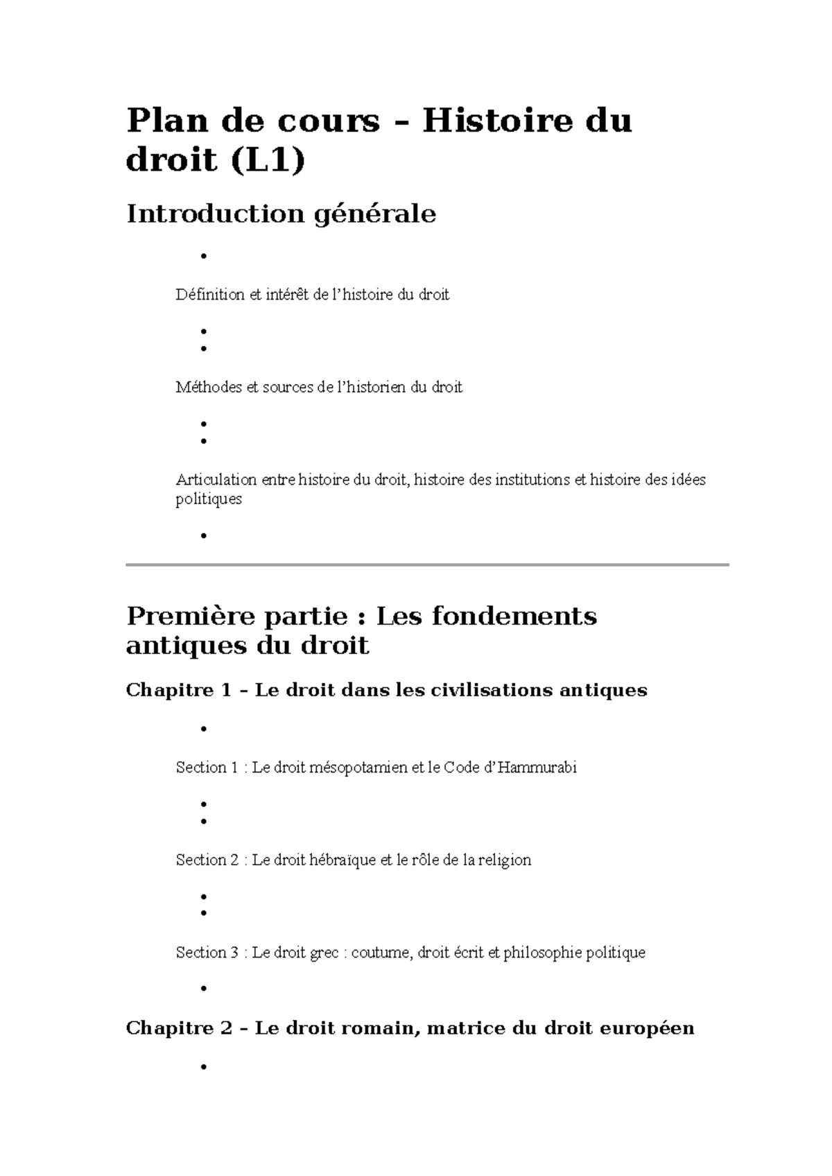 Plan de cours Histoire du droit (L1) : Fondements et Évolutions - Studocu