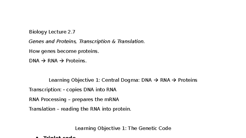 Biology Lecture 2.7: Genes, Proteins, and the Central Dogma - Studocu