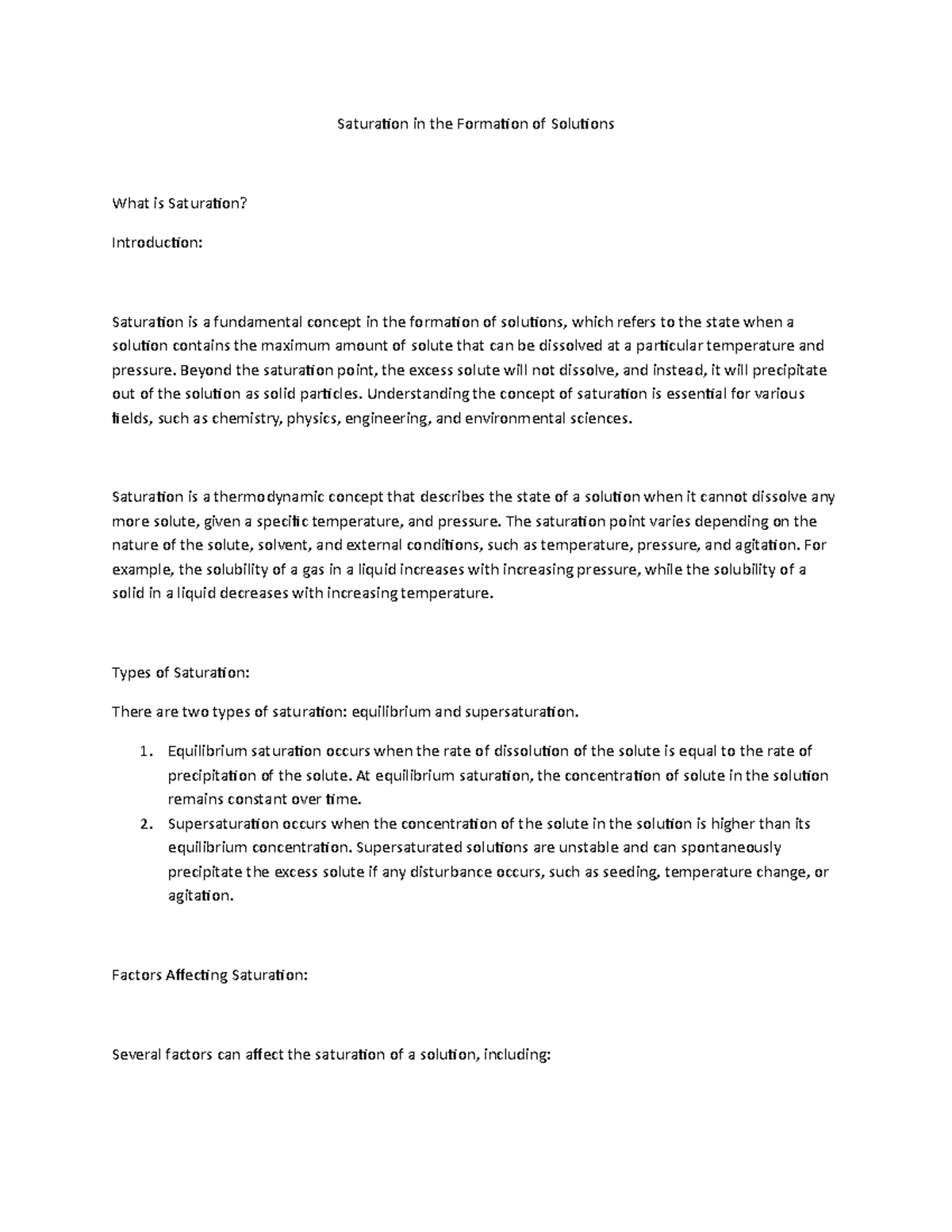 Saturation in the Formation of Solutions - Beyond the saturation point ...