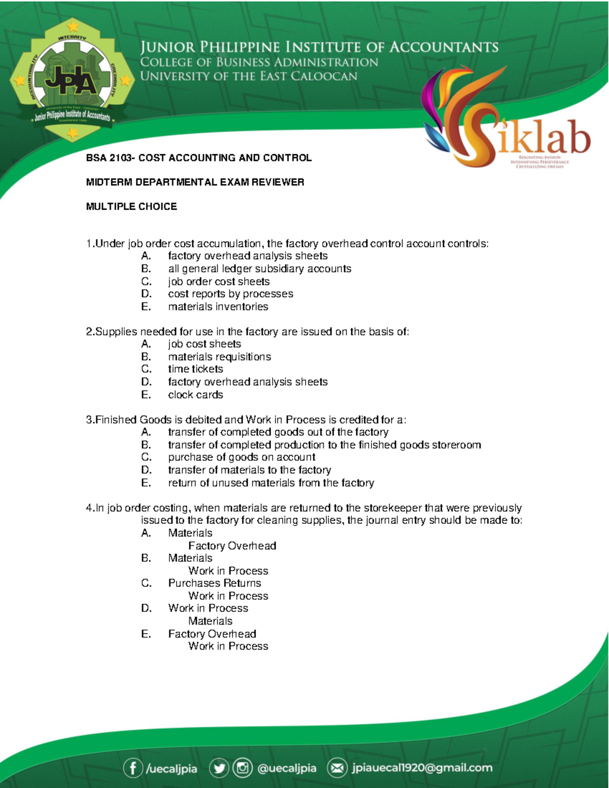 BSA 2103 - Cost Accounting Midterm Exam Review Guide - Studocu
