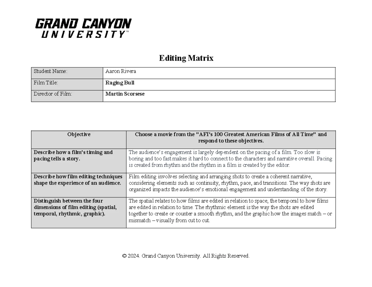 DFP 101 RS Cinematography Matrix - Cinematography Matrix Student Name ...