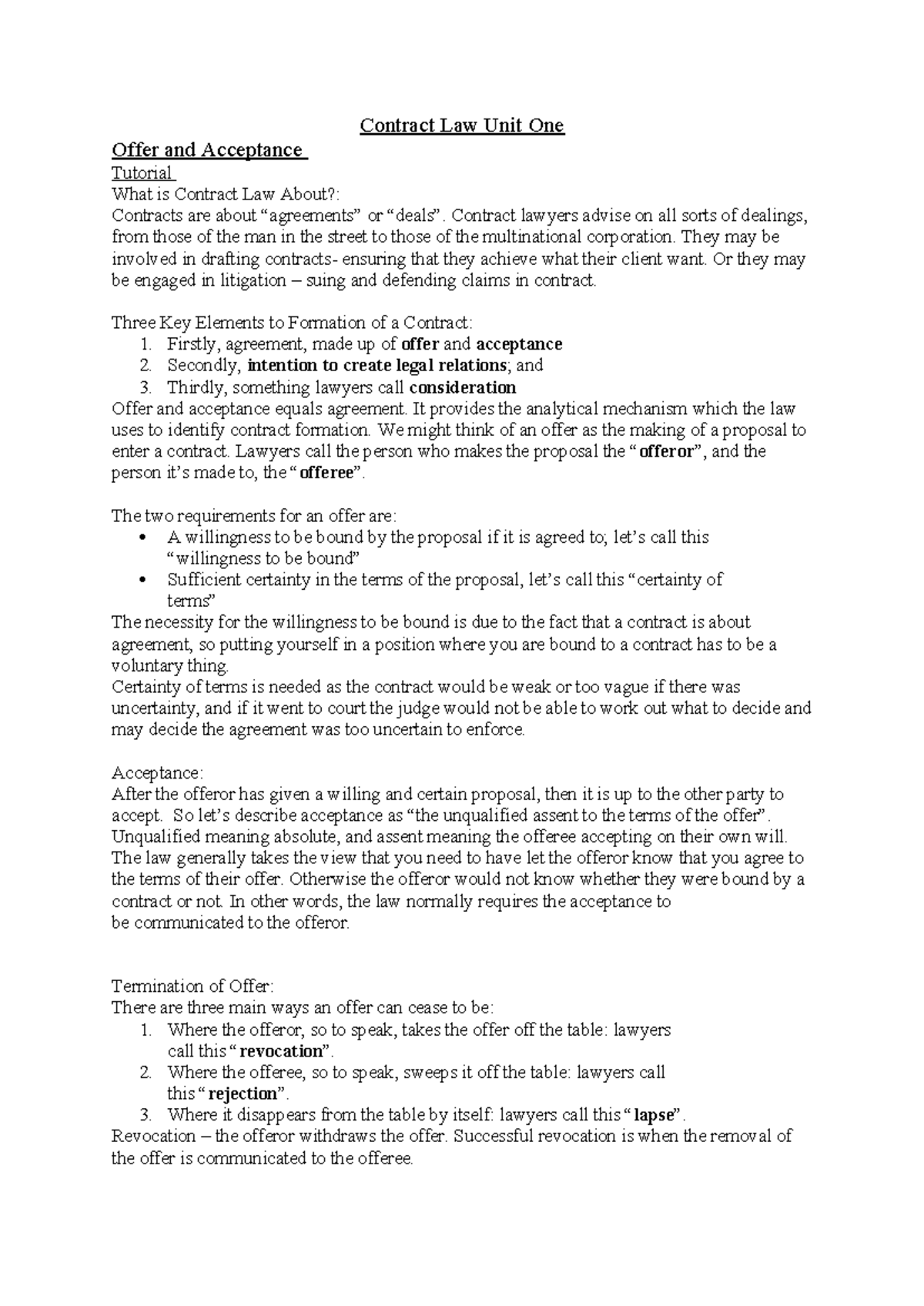Contract Law 101: Key Concepts of Offer, Acceptance, and Capacity - Studocu