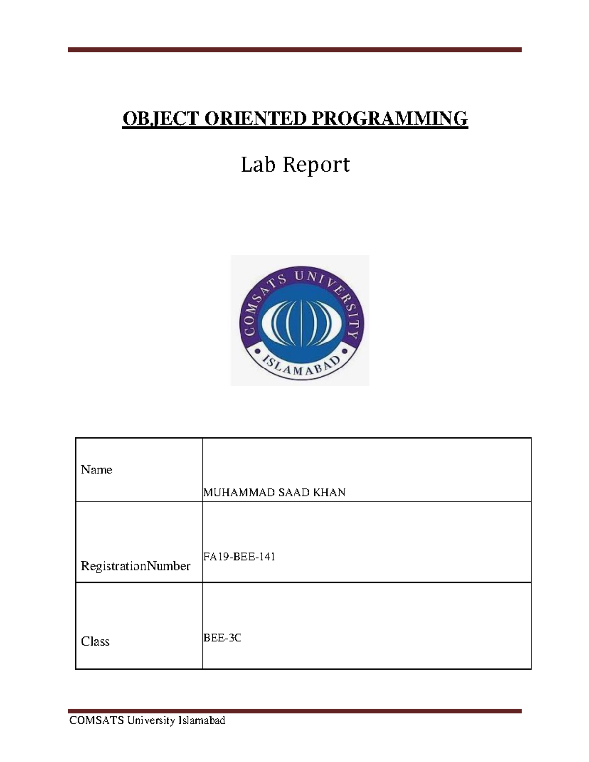 LAB Report 2 - Object Oriented Programming Activities (FA19-BEE-BEE-3C) - Document Preview