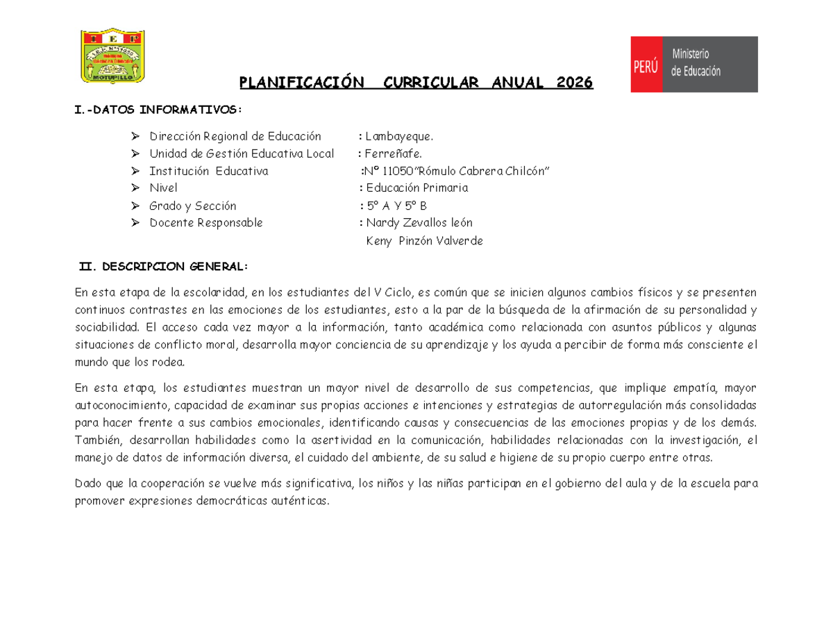 Planificación Curricular Anual 2026 - Quinto Grado de Primaria - Studocu