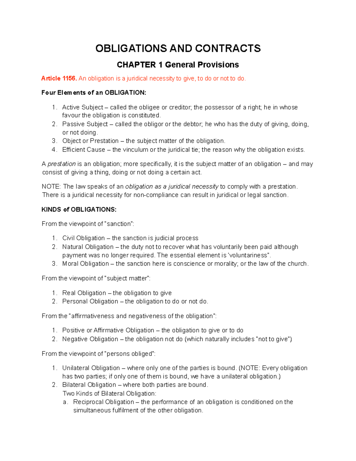 OBLIGATIONS AND CONTRACTS (OBLICON) CHAPTER 1: General Provisions - Studocu