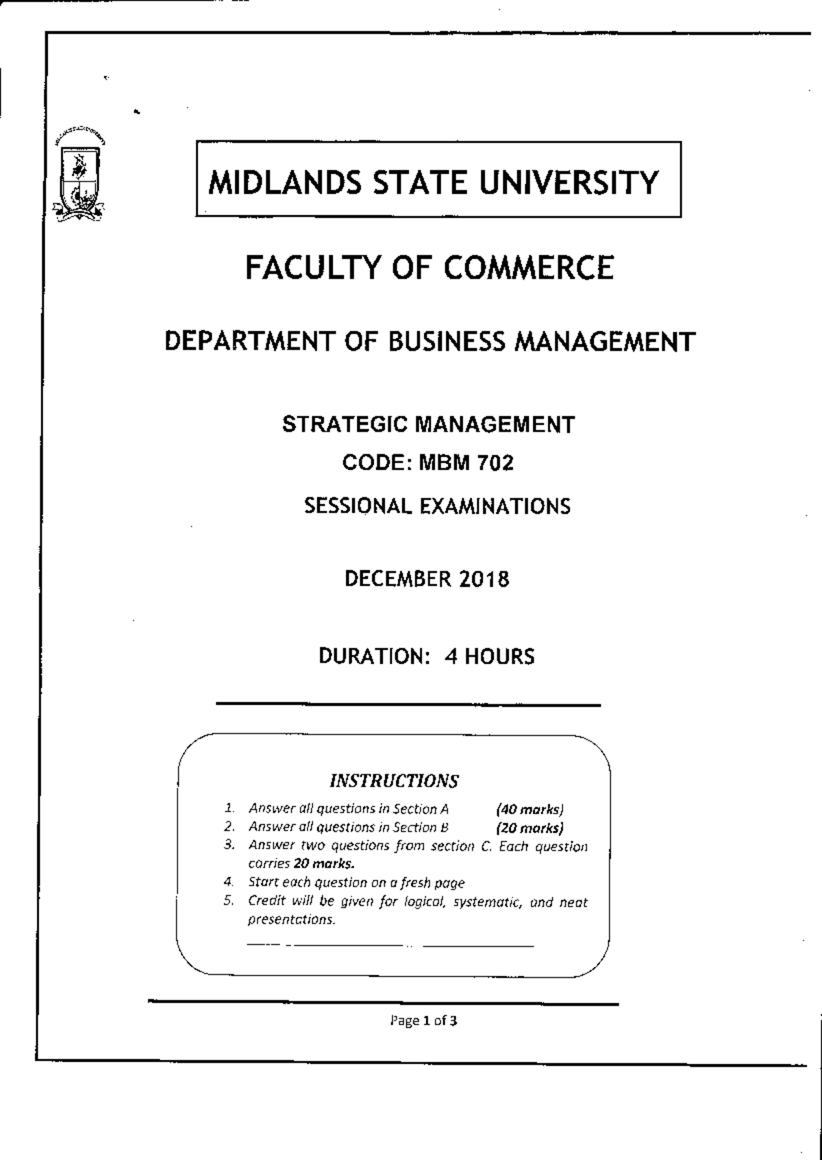 MBM 702 Sessional Exam: Strategic Management Dec 2018 - Studocu