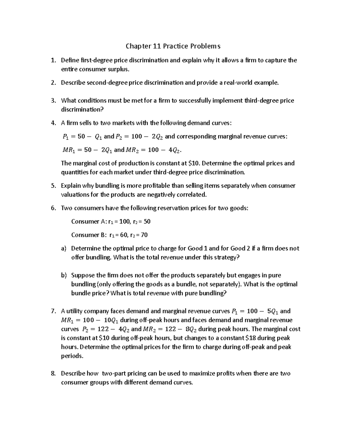 Chapter 11 Practice Problems: Price Discrimination and Bundling ...