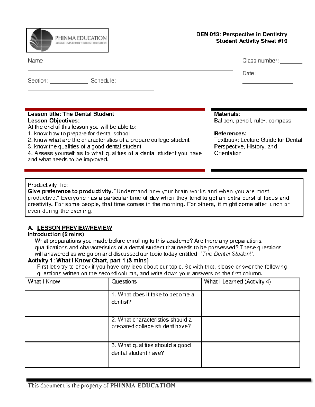 SAS-Module-10-DEN-013-The Dental Student - Student Activity Sheet ...