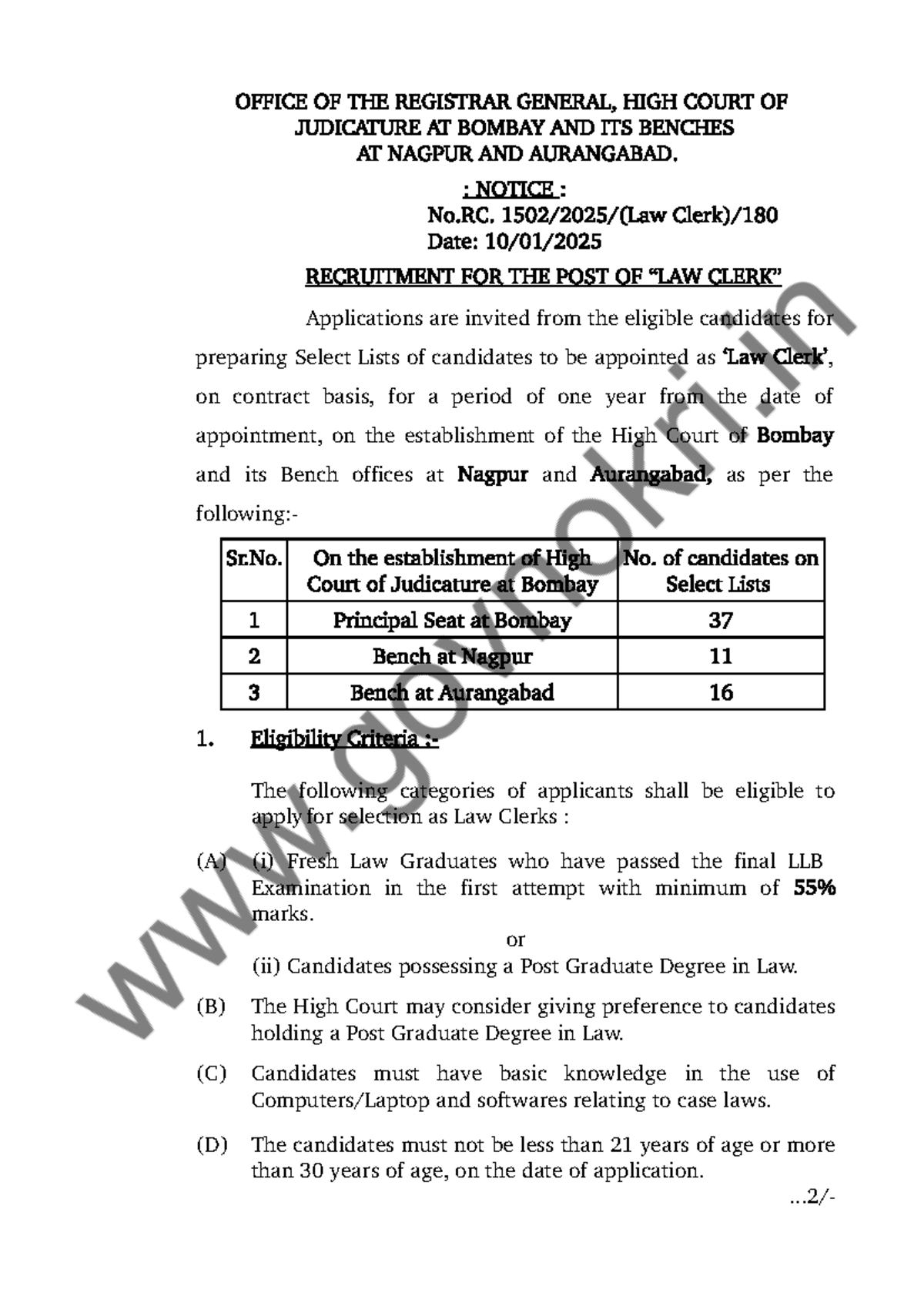 Recruitment Notice for Law Clerks at High Court of Bombay (No.RC) - Studocu