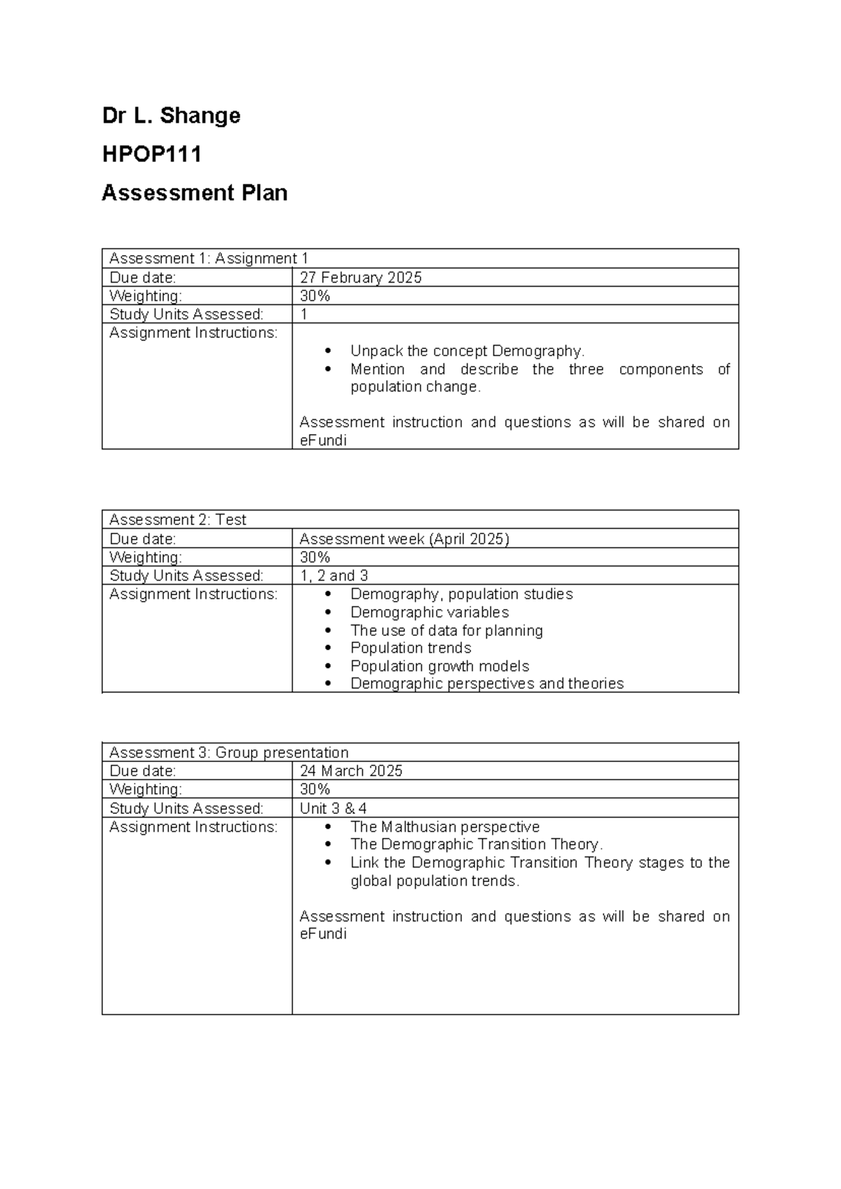 Assessment PLAN 2025 - Dr L. Shange HPOP Assessment Plan Assessment 1 ...