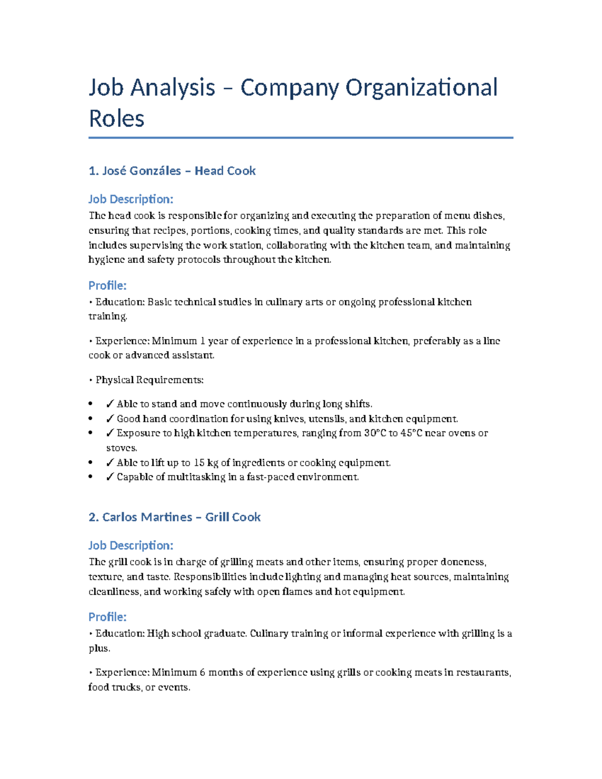 Job Analysis: Culinary Roles and Responsibilities Overview - Studocu