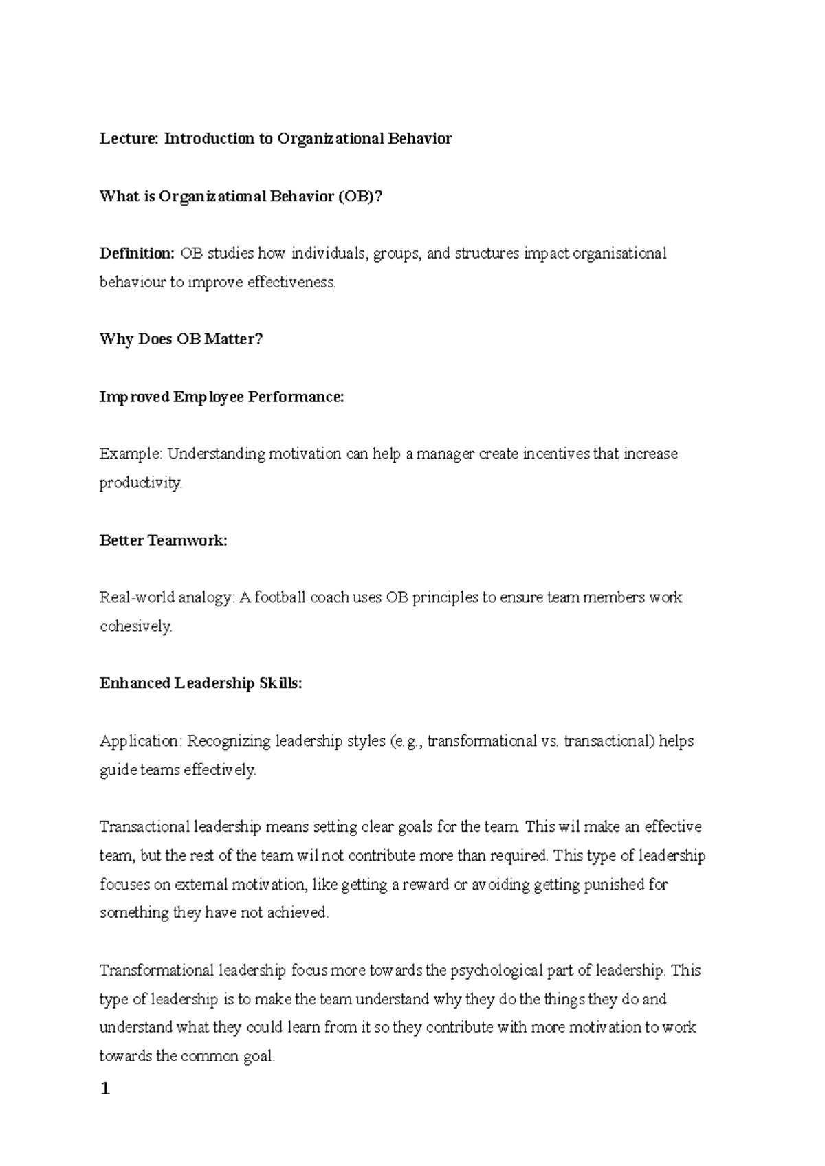 Lecture Notes on Organizational Behavior: Concepts & Applications - Studocu