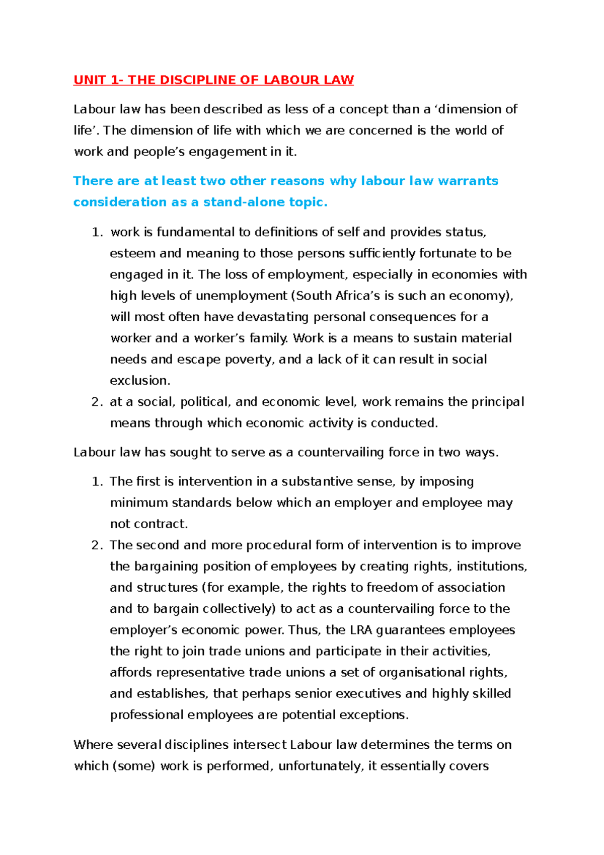 Labour Law Overview: UNIT 1 Insights & Normative Perspectives - Studocu
