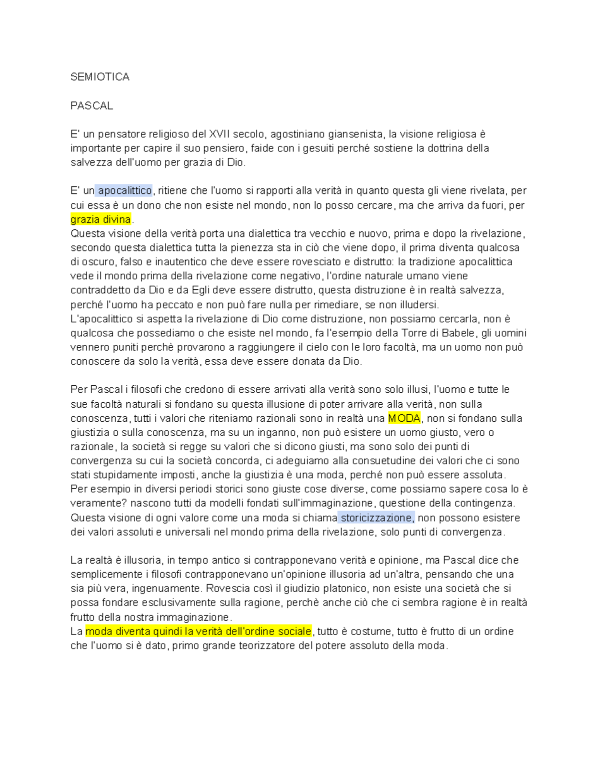 Pensieri di Pascal: Riflessioni sulla Verità e la Moda - Semiotica - Document Preview