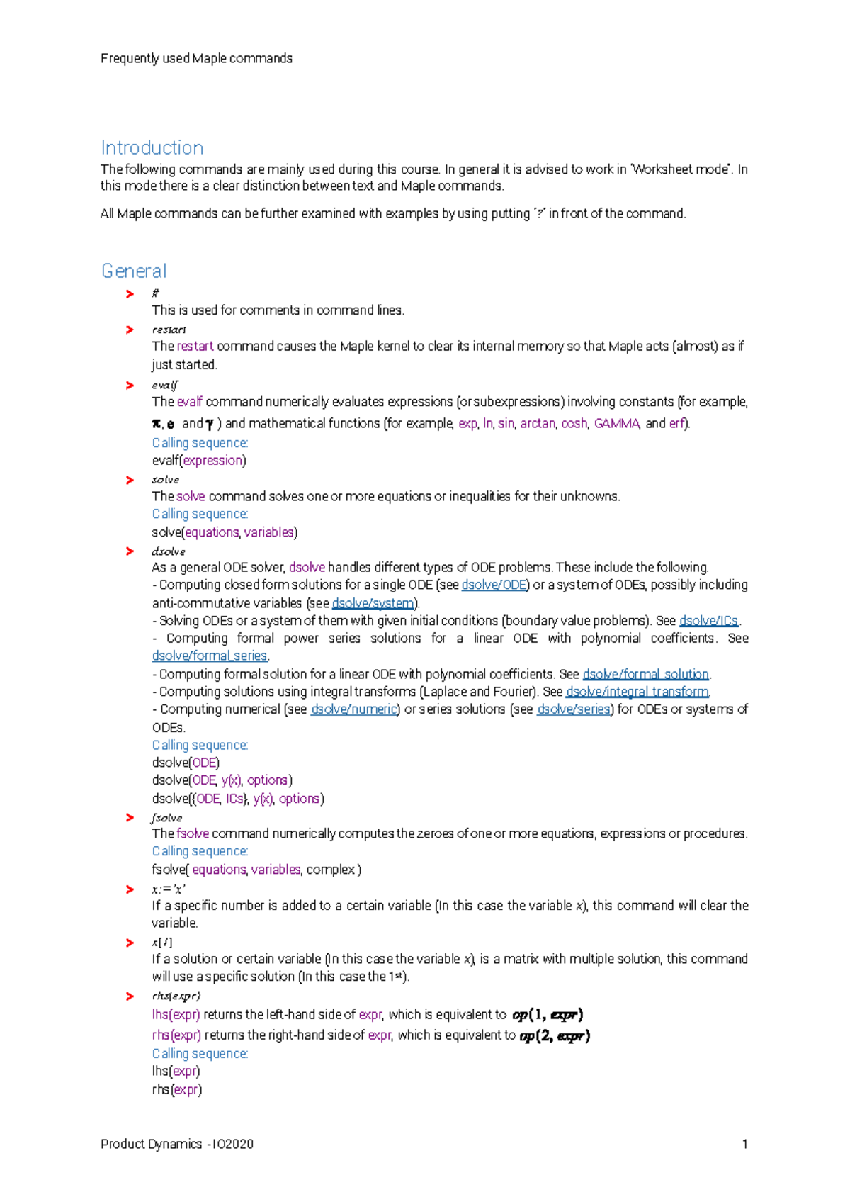Frequently Used Maple Commands for Product Dynamics (IO2020) - Studeersnel