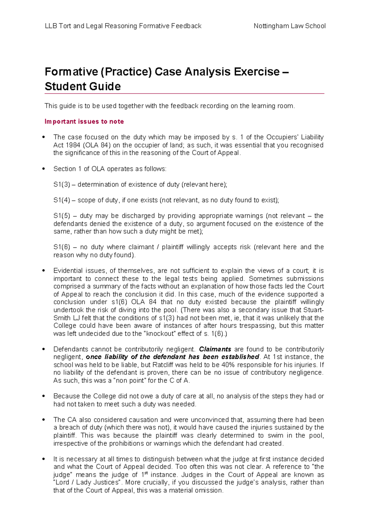 LLB Tort Formative Feedback: Case Analysis Guide for Nottingham Law ...