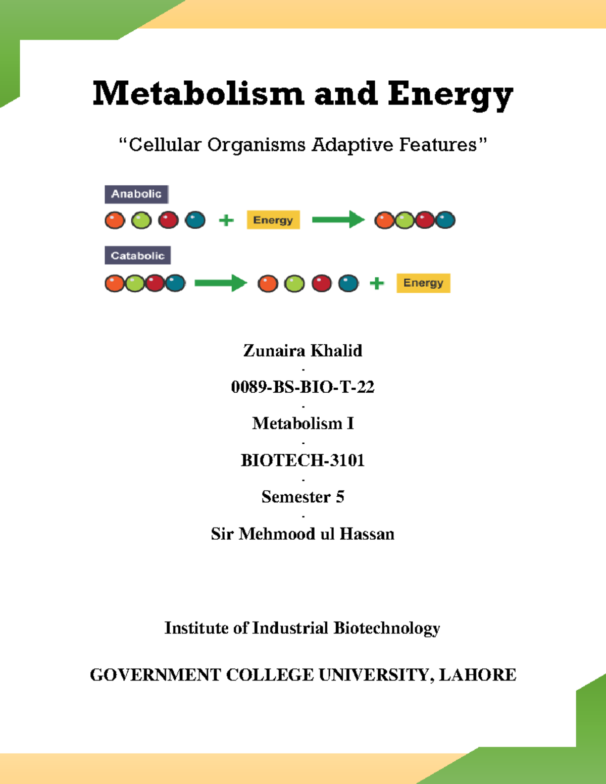 Metabolism and Energy Adaptations in Organisms - 0089 - Studocu