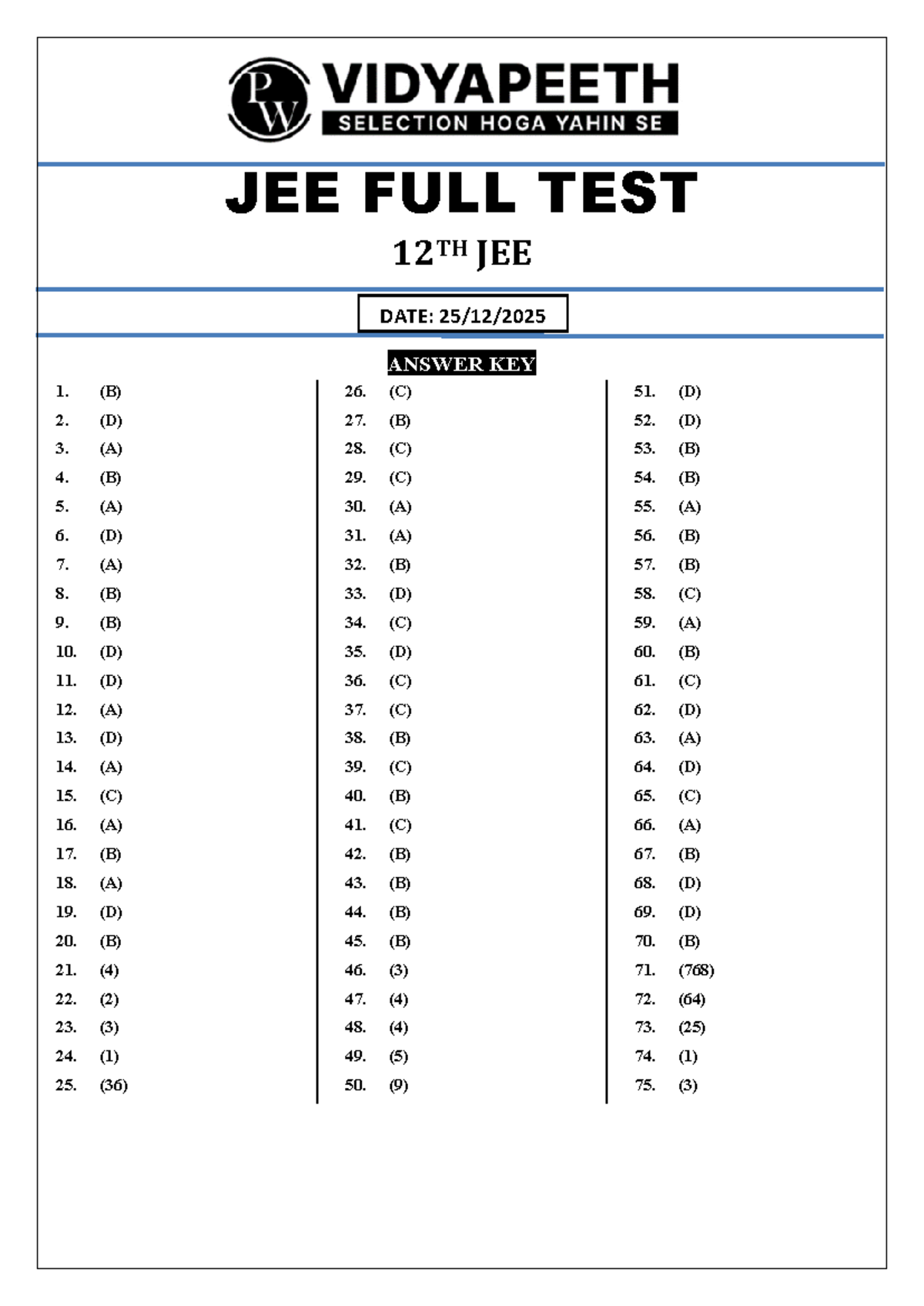 JEE 12TH Full Test Answer Key - 25/12/2025 - Studocu