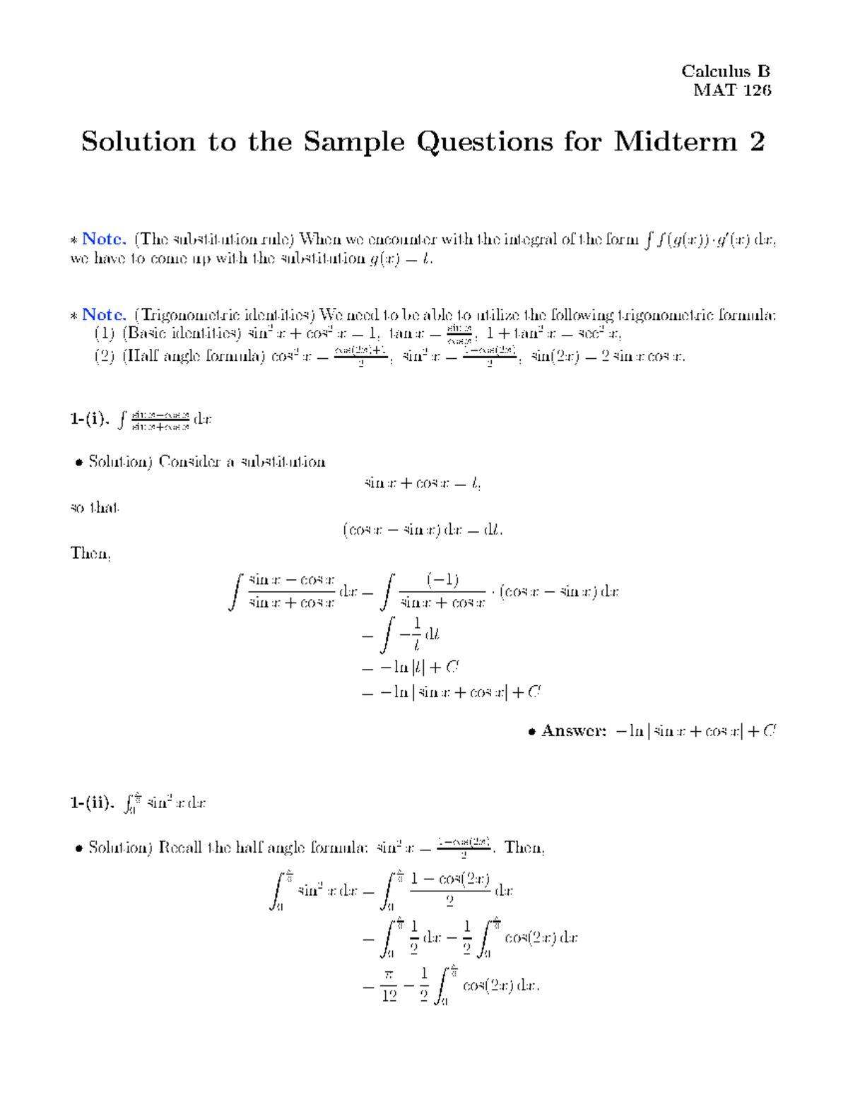 Calculus B MAT 126 Solutions for Sample Midterm 2 Exam - Studocu