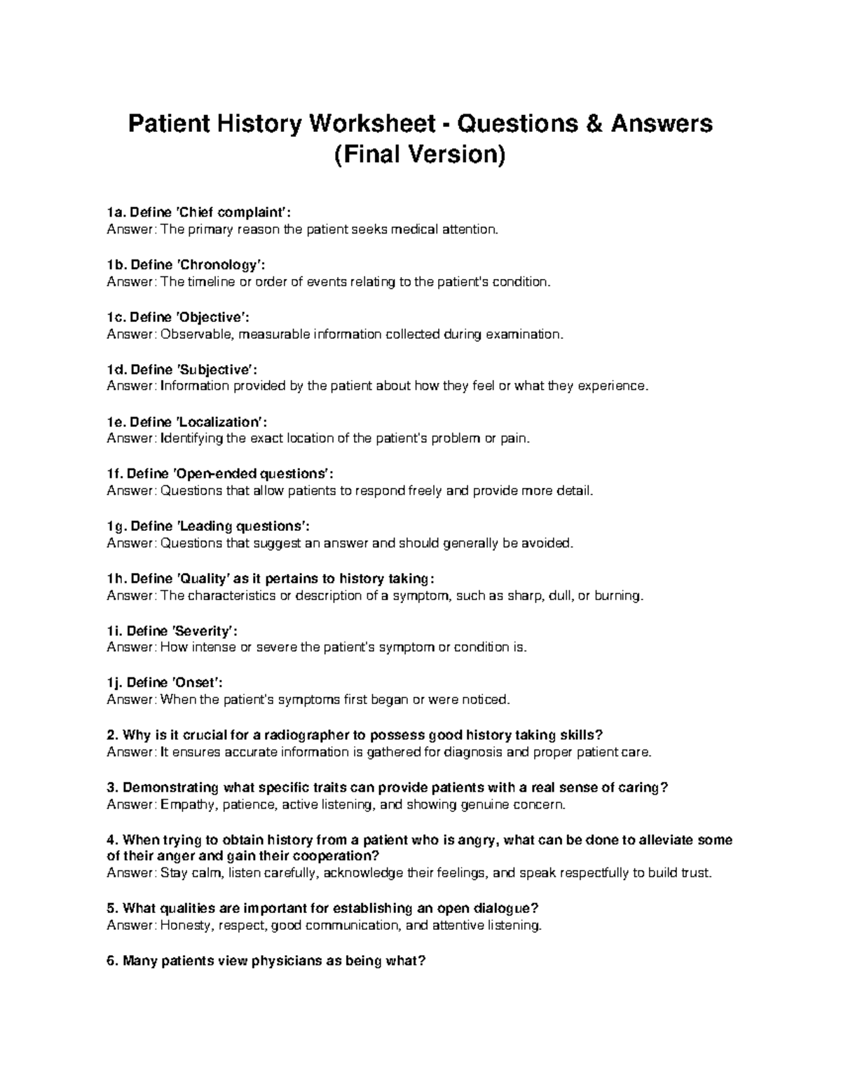 Patient History Worksheet: Key Questions & Answers (Final Version