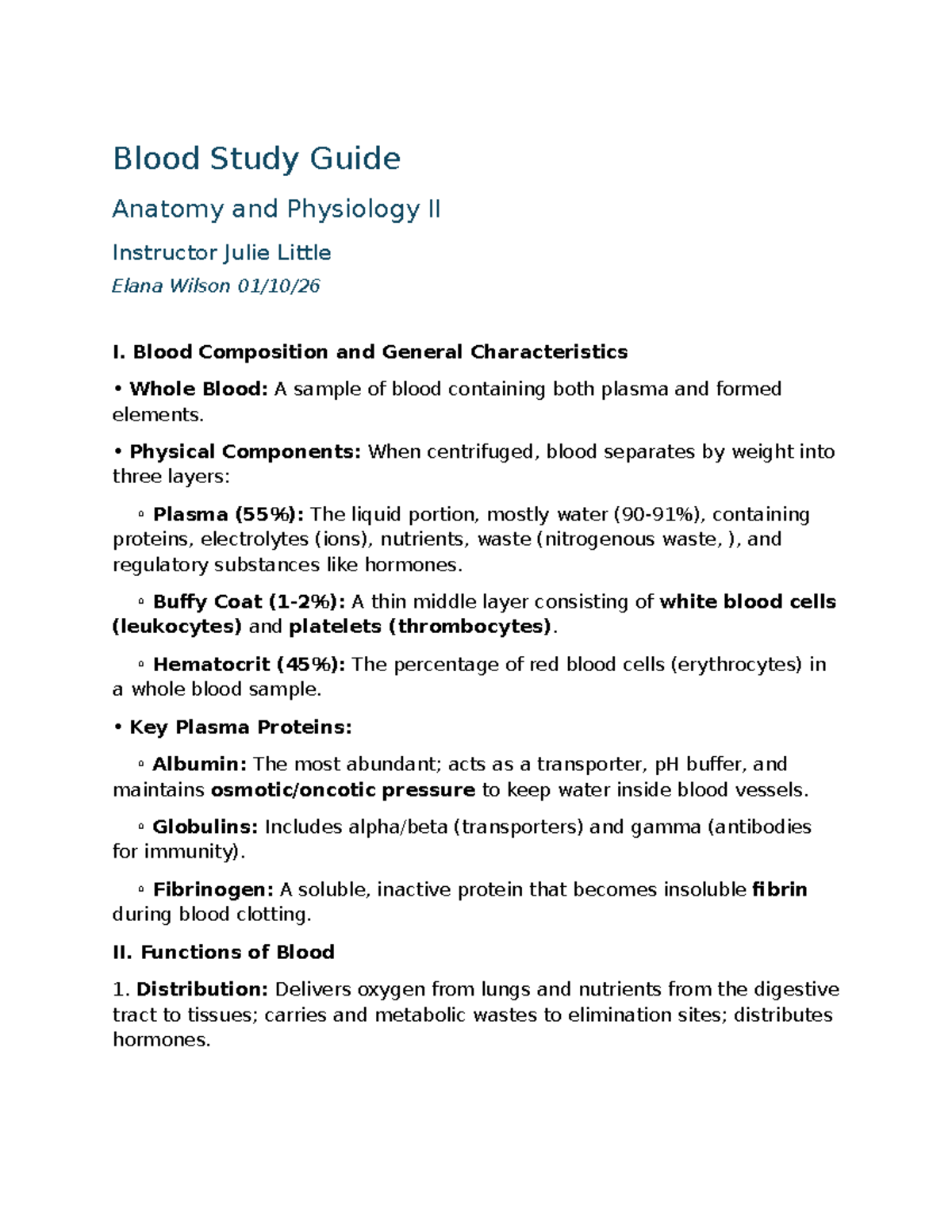 Blood Study Guide for Anatomy and Physiology II - Prof. Julie Little ...