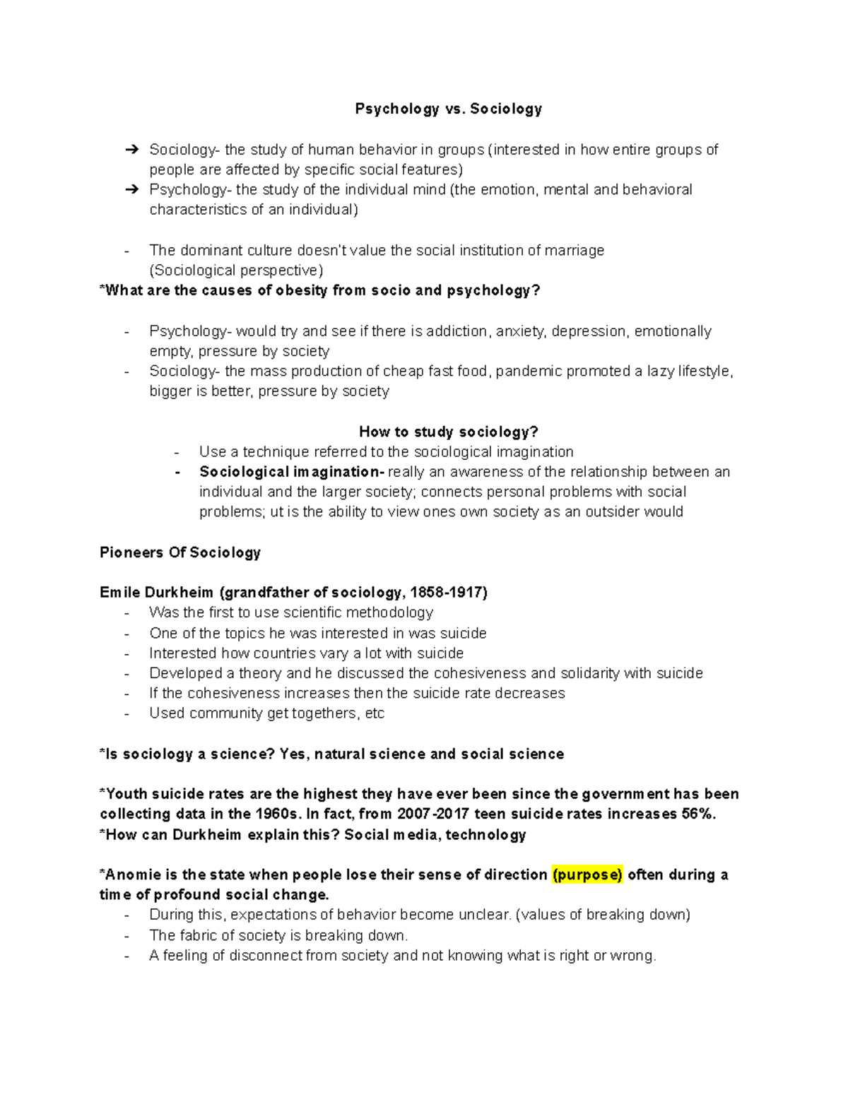 Sociology 101 - First Exam Review Notes on Key Concepts and Theories ...
