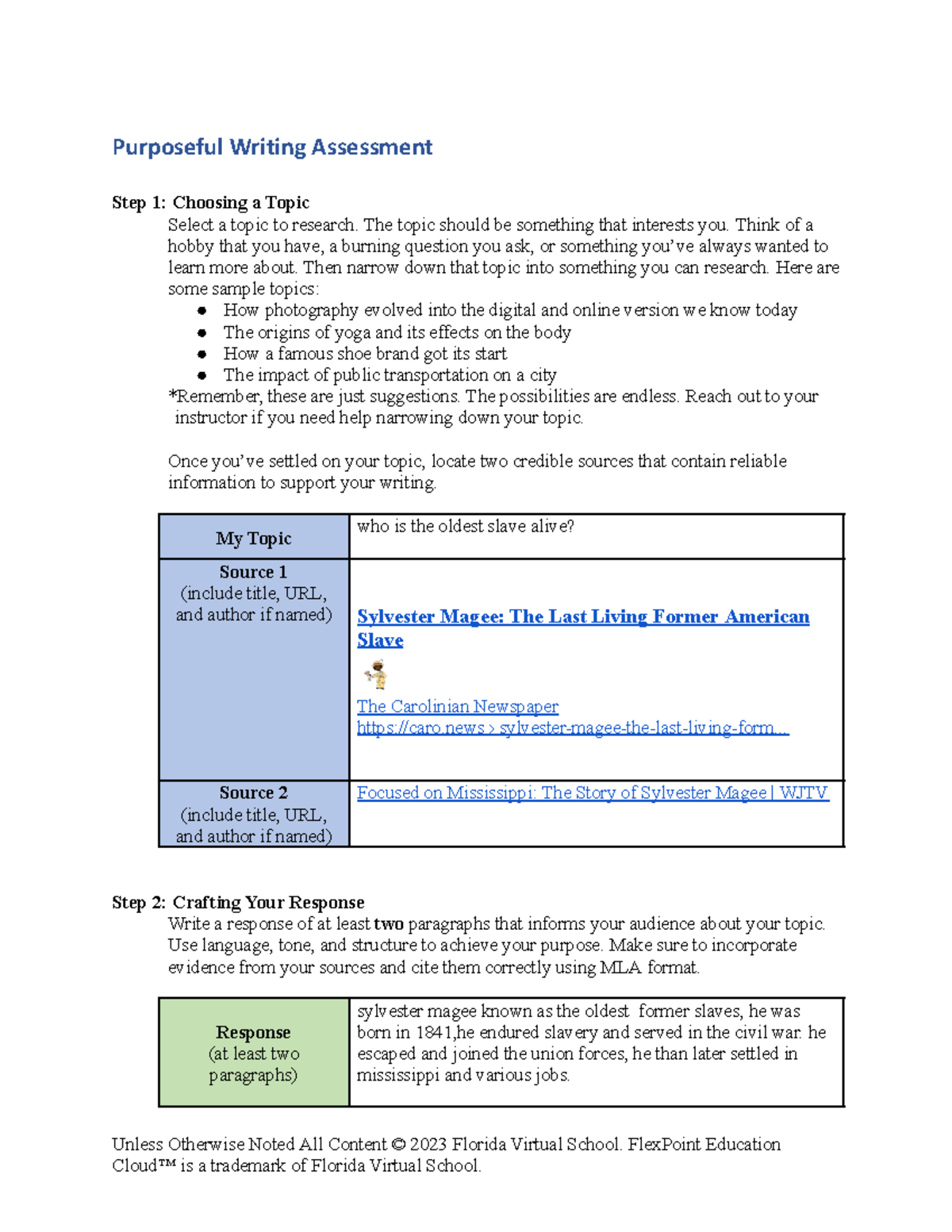 01 03 purposeful writing - Purposeful Writing Assessment Step 1 ...