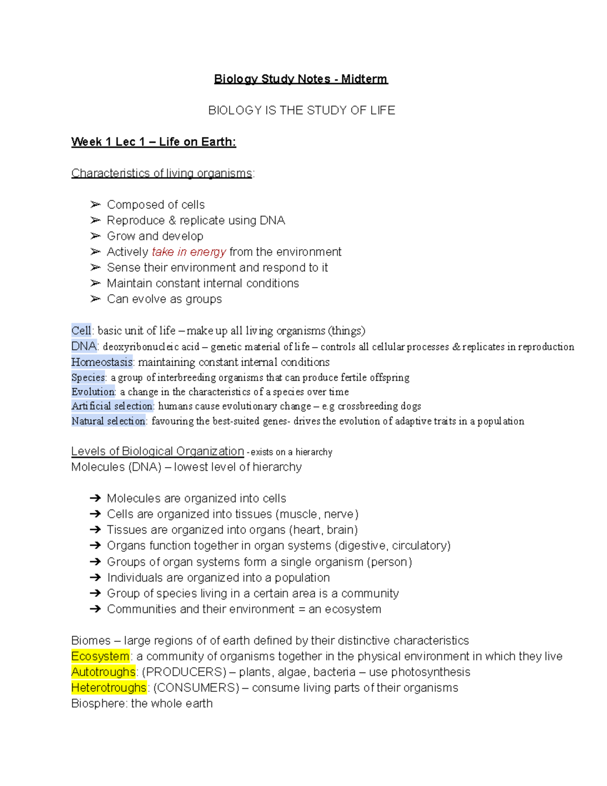 BIO Midterm 1 - Biology Study Notes - Midterm BIOLOGY IS THE STUDY OF ...