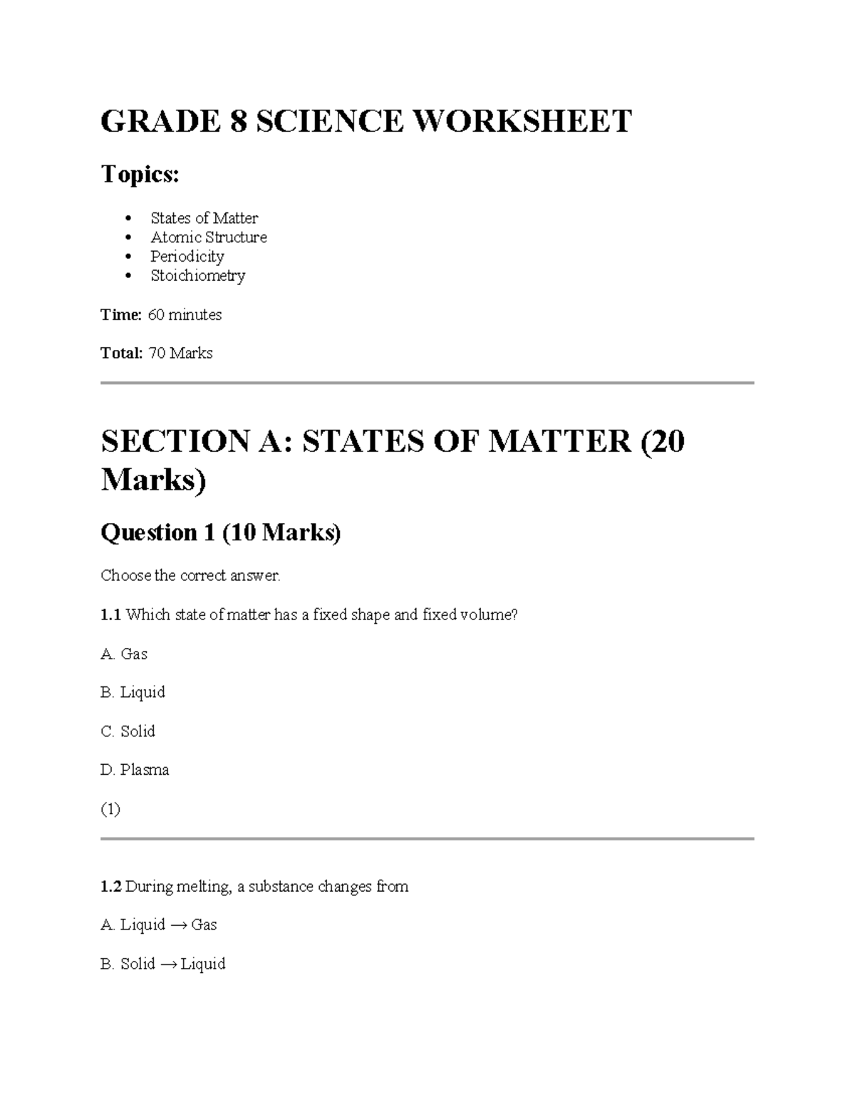 GRADE 8 SCIENCE WORKSHEET: States of Matter, Atomic Structure, and ...