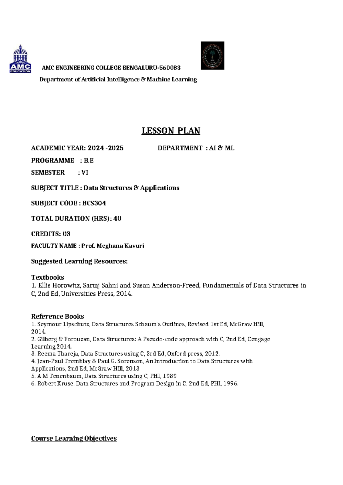B.E VI SEM BCS304 Data Structures Applications Lesson Plan 2024 - Studocu