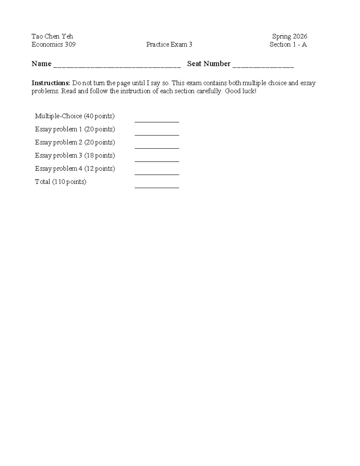 Economics 309 Practice Exam 3 - Spring 2026 Section 1 - Studocu